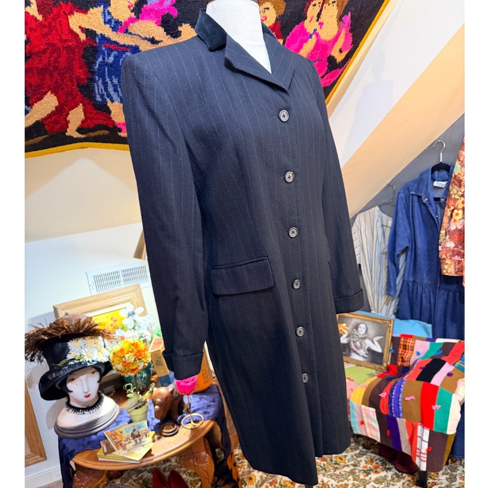 Ralph Lauren Vintage Pinstripe Worsted Wool Button Front Tuxedo Coat Dress Black - Picture 3 of 11